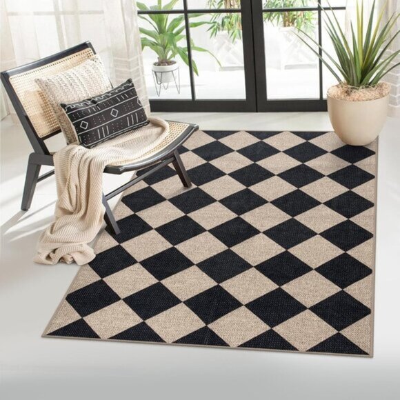 3x5 Checkered Jute Area Rug, Washable Non-Slip Indoor, Outdoor Carpet in Black